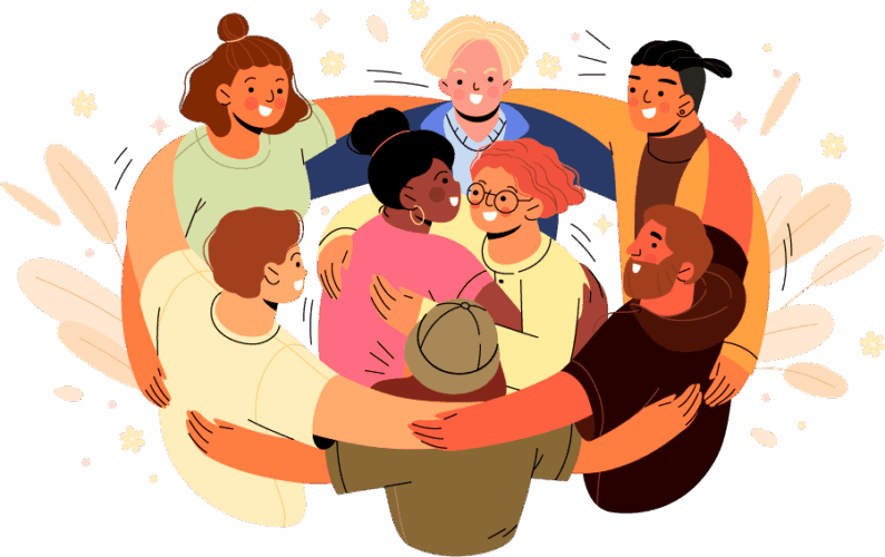 Grupo de personas abrazándose haciendo referencia a la diversidad e inclusión